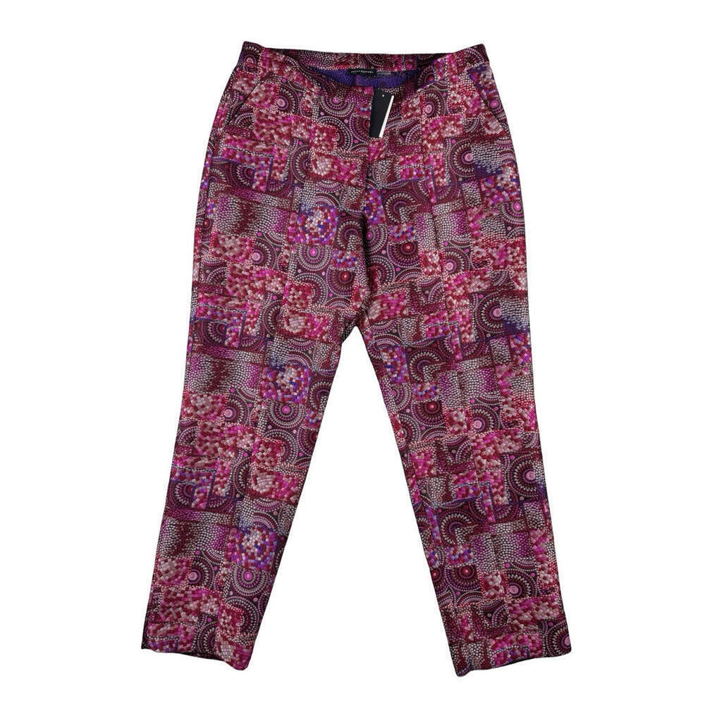 $595 Josie Natori Jacquard Patchwork Straight Leg Pants Pink Size US 14 | 35x29